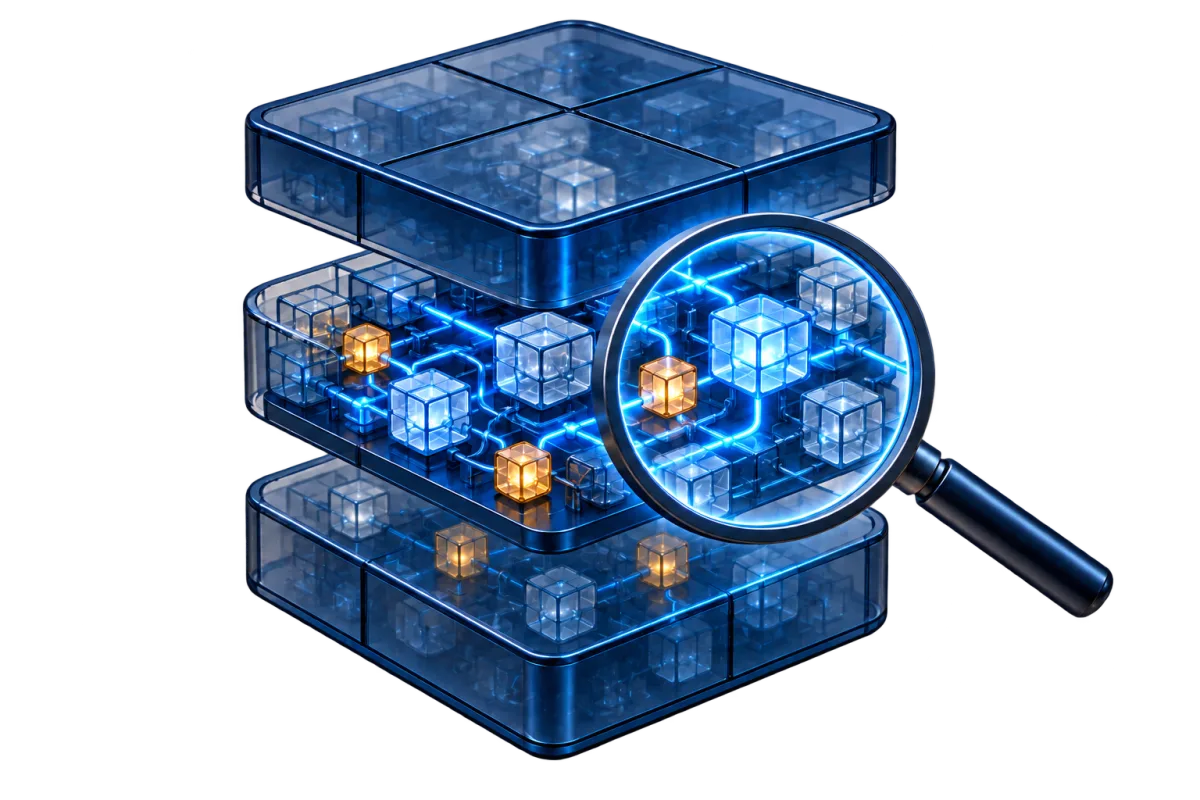 Three stacked translucent layers, the middle one opened up. A magnifying glass reveals the glowing cubes inside it and the paths joining them, some glowing gold. The top and bottom layers stay dim. Inspection shows what is lit up, not the whole program.